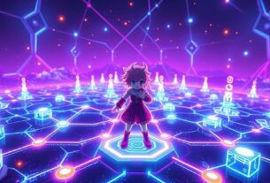 Colorful fantasy game characters and digital blockchain elements in vibrant landscape