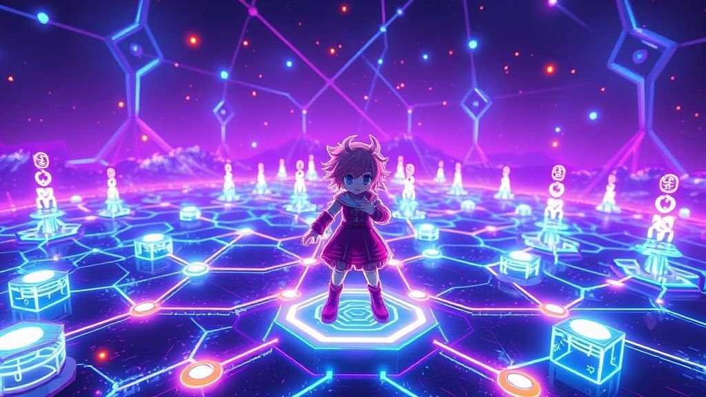 Colorful fantasy game characters and digital blockchain elements in vibrant landscape