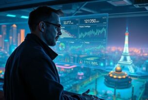 Gaming guild leaders analyzing NFT game profitability data on digital screens