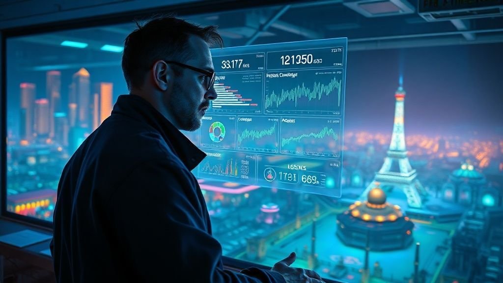 Gaming guild leaders analyzing NFT game profitability data on digital screens