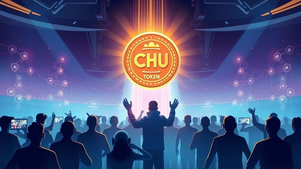 Cryptocurrency tokens and gaming icons with upward growth chart on digital display