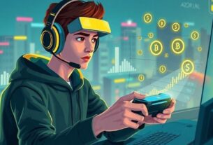 Futuristic digital landscape with glowing blockchain networks and cryptocurrency symbols