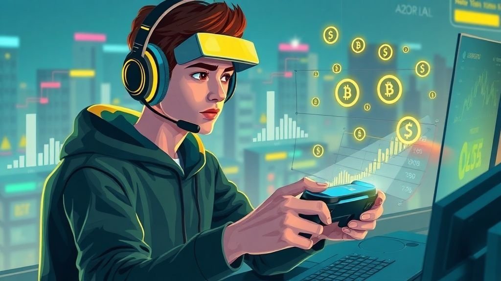 Futuristic digital landscape with glowing blockchain networks and cryptocurrency symbols