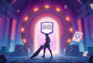 Fantasy warrior character with glowing armor standing in mystical portal setting