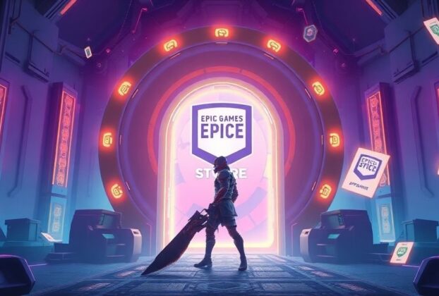 Fantasy warrior character with glowing armor standing in mystical portal setting