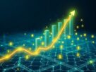 Financial charts and cryptocurrency coins showing upward growth trends and market data
