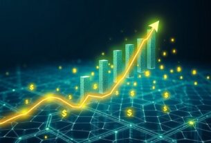 Financial charts and cryptocurrency coins showing upward growth trends and market data