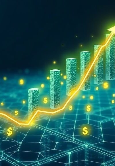 Financial charts and cryptocurrency coins showing upward growth trends and market data