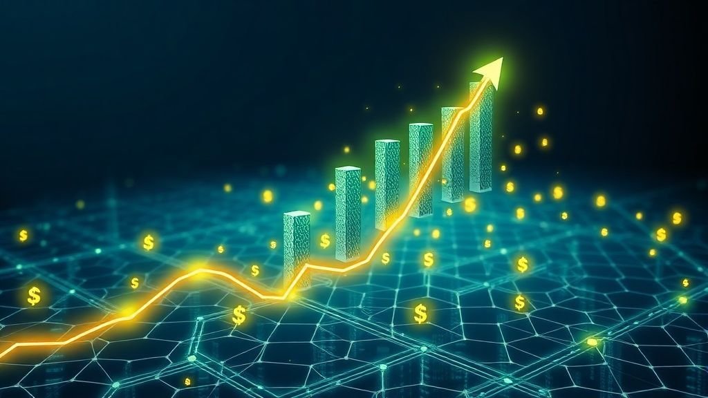 Financial charts and cryptocurrency coins showing upward growth trends and market data