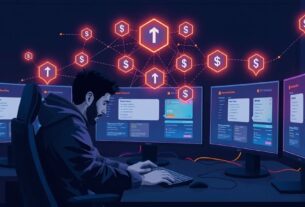 Digital network nodes connected by glowing trails across a dark technological interface