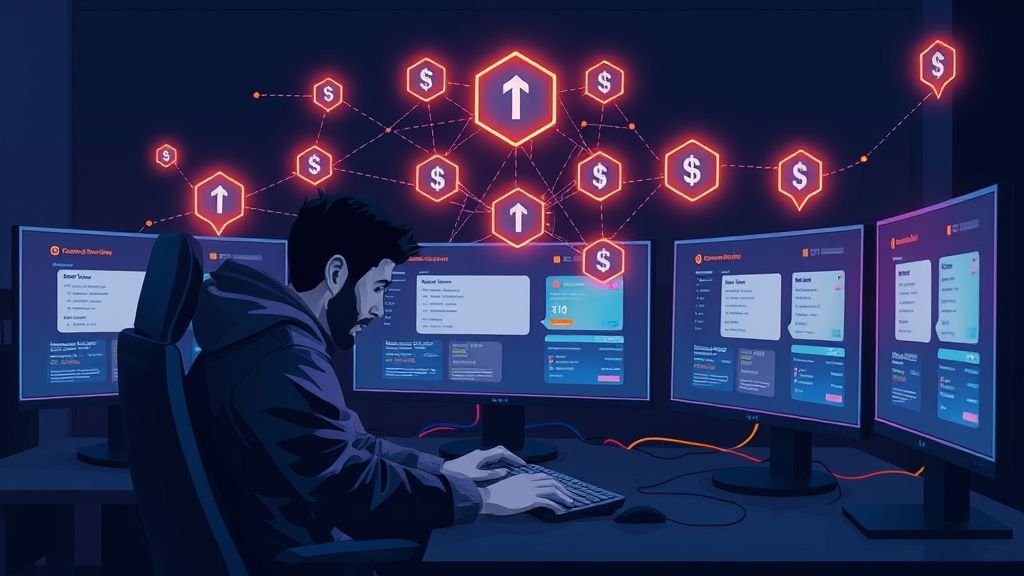 Digital network nodes connected by glowing trails across a dark technological interface