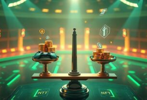 Futuristic digital interface with blockchain network nodes and gaming elements