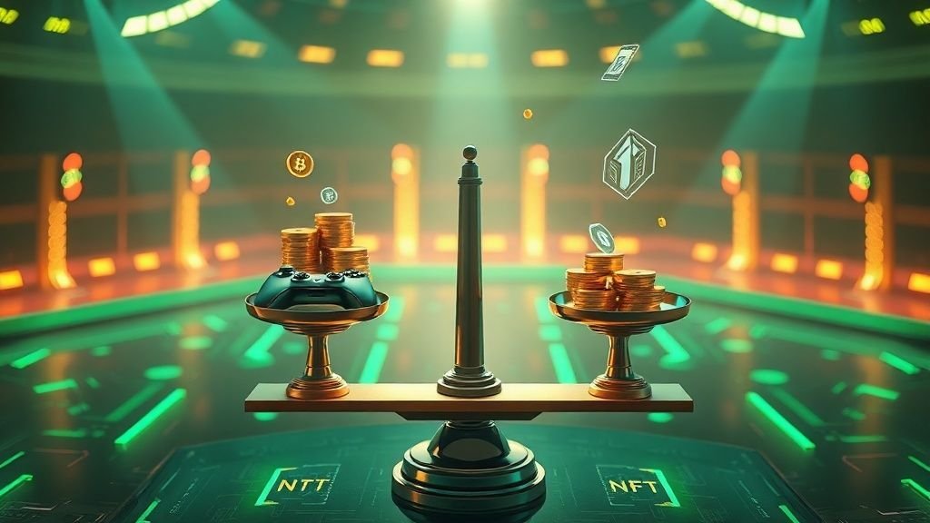 Futuristic digital interface with blockchain network nodes and gaming elements