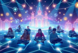 Futuristic gaming characters standing together in neon-lit digital environment