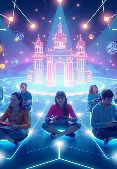 Futuristic gaming characters standing together in neon-lit digital environment