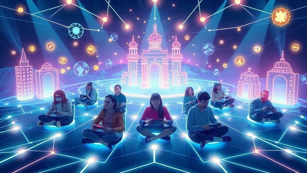 Futuristic gaming characters standing together in neon-lit digital environment