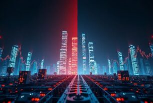 Futuristic digital landscape with glowing cryptocurrency symbols and financial charts