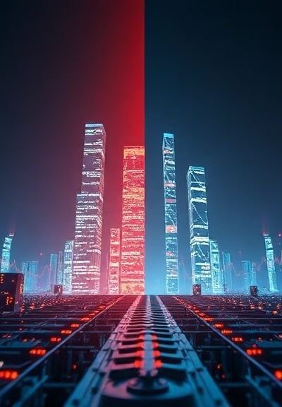 Futuristic digital landscape with glowing cryptocurrency symbols and financial charts