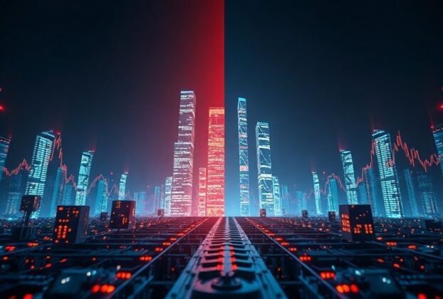 Futuristic digital landscape with glowing cryptocurrency symbols and financial charts