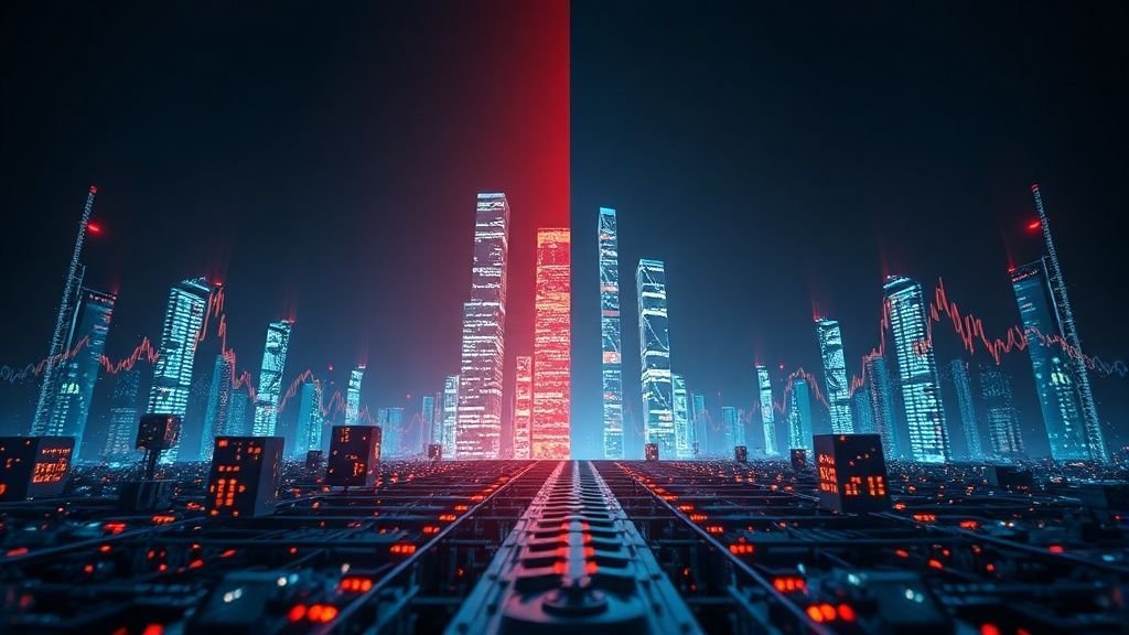 Futuristic digital landscape with glowing cryptocurrency symbols and financial charts