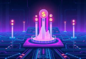 Futuristic digital interface with glowing blue circuits and cryptocurrency symbols