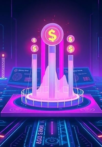 Futuristic digital interface with glowing blue circuits and cryptocurrency symbols