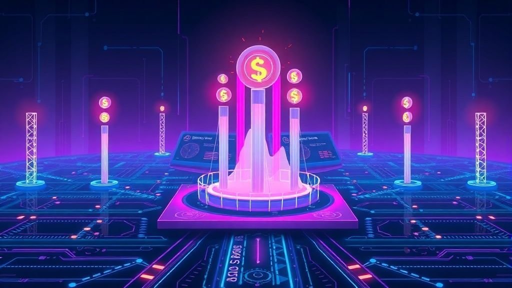 Futuristic digital interface with glowing blue circuits and cryptocurrency symbols