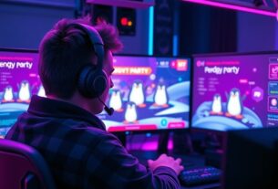 Colorful party scene with gaming characters and streaming setup for Pudgy Party event