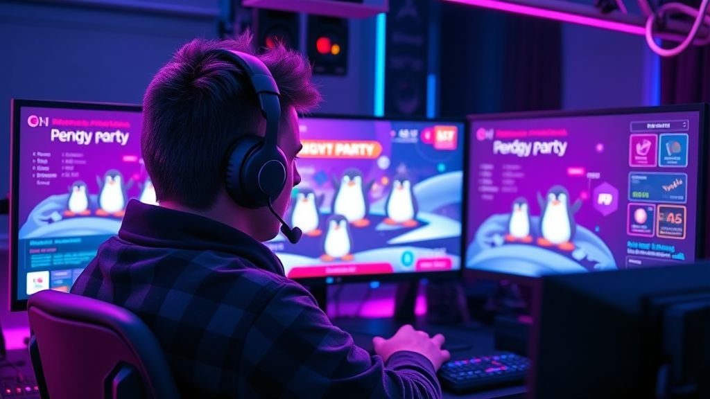 Colorful party scene with gaming characters and streaming setup for Pudgy Party event