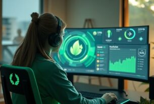 Fantasy game characters in futuristic world with green environmental elements