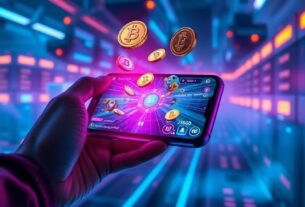 Futuristic digital interface with glowing blue circuits and cryptocurrency symbols