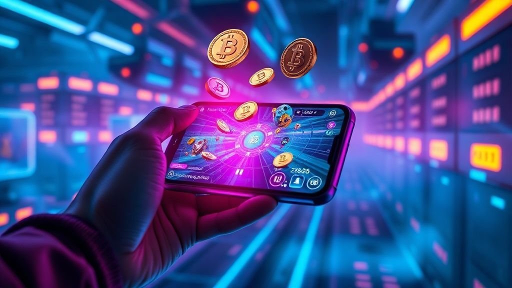 Futuristic digital interface with glowing blue circuits and cryptocurrency symbols