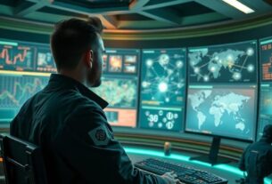 Futuristic digital landscape with glowing blockchain networks and gaming elements