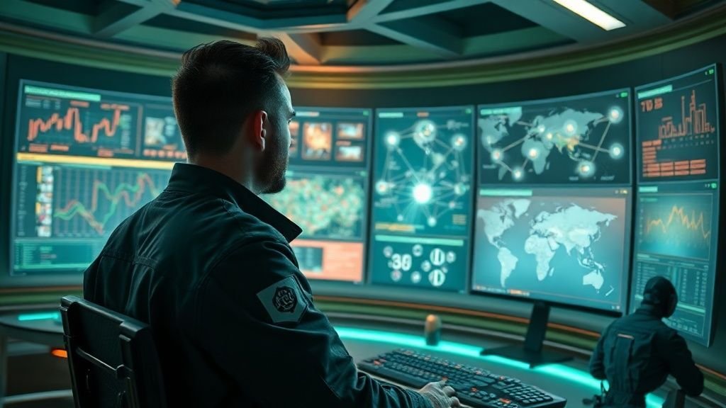 Futuristic digital landscape with glowing blockchain networks and gaming elements