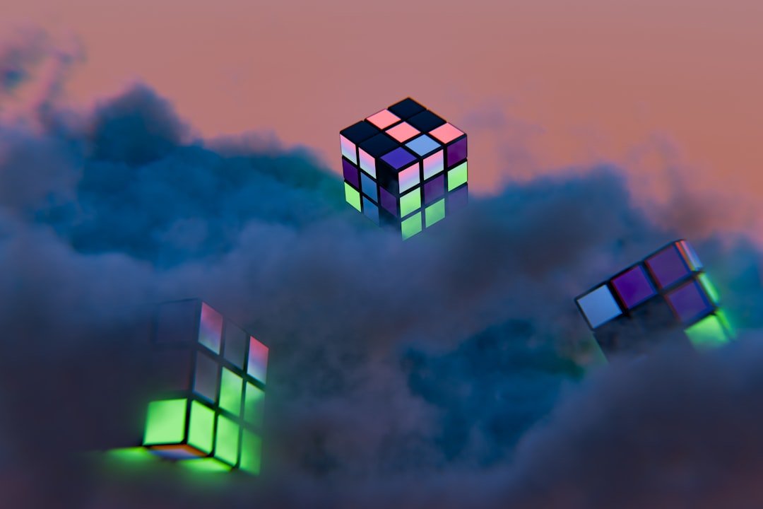 Colorful Rubik's cubes floating against a dark background