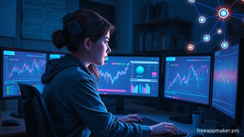 Indie game developer working at computer with blockchain and gaming icons overlay