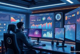 Digital dashboard displaying Web3 gaming revenue charts and cryptocurrency icons