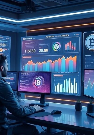 Digital dashboard displaying Web3 gaming revenue charts and cryptocurrency icons