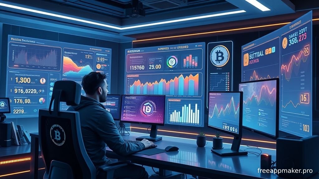 Digital dashboard displaying Web3 gaming revenue charts and cryptocurrency icons